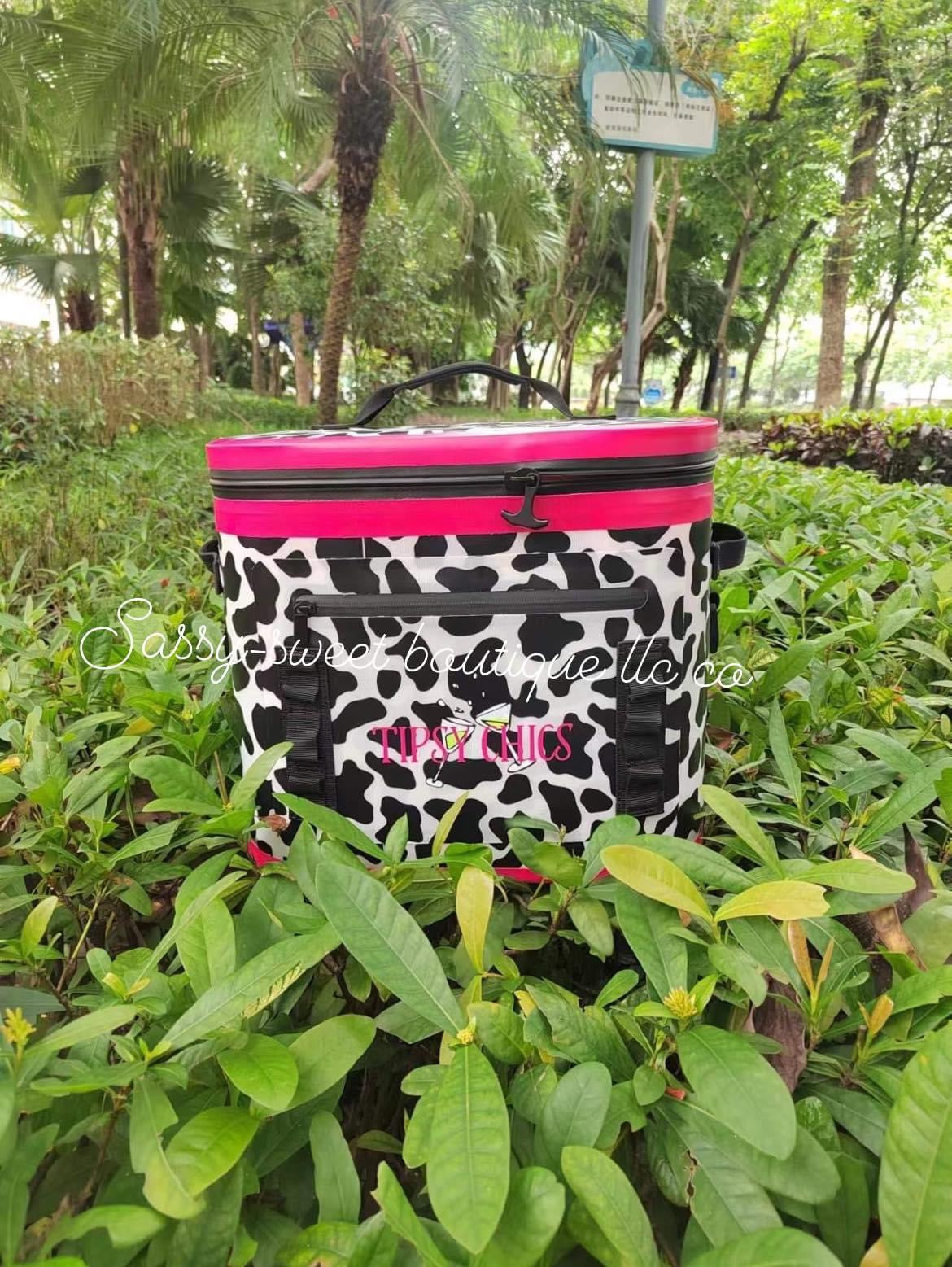 Cow print hot pink cooler